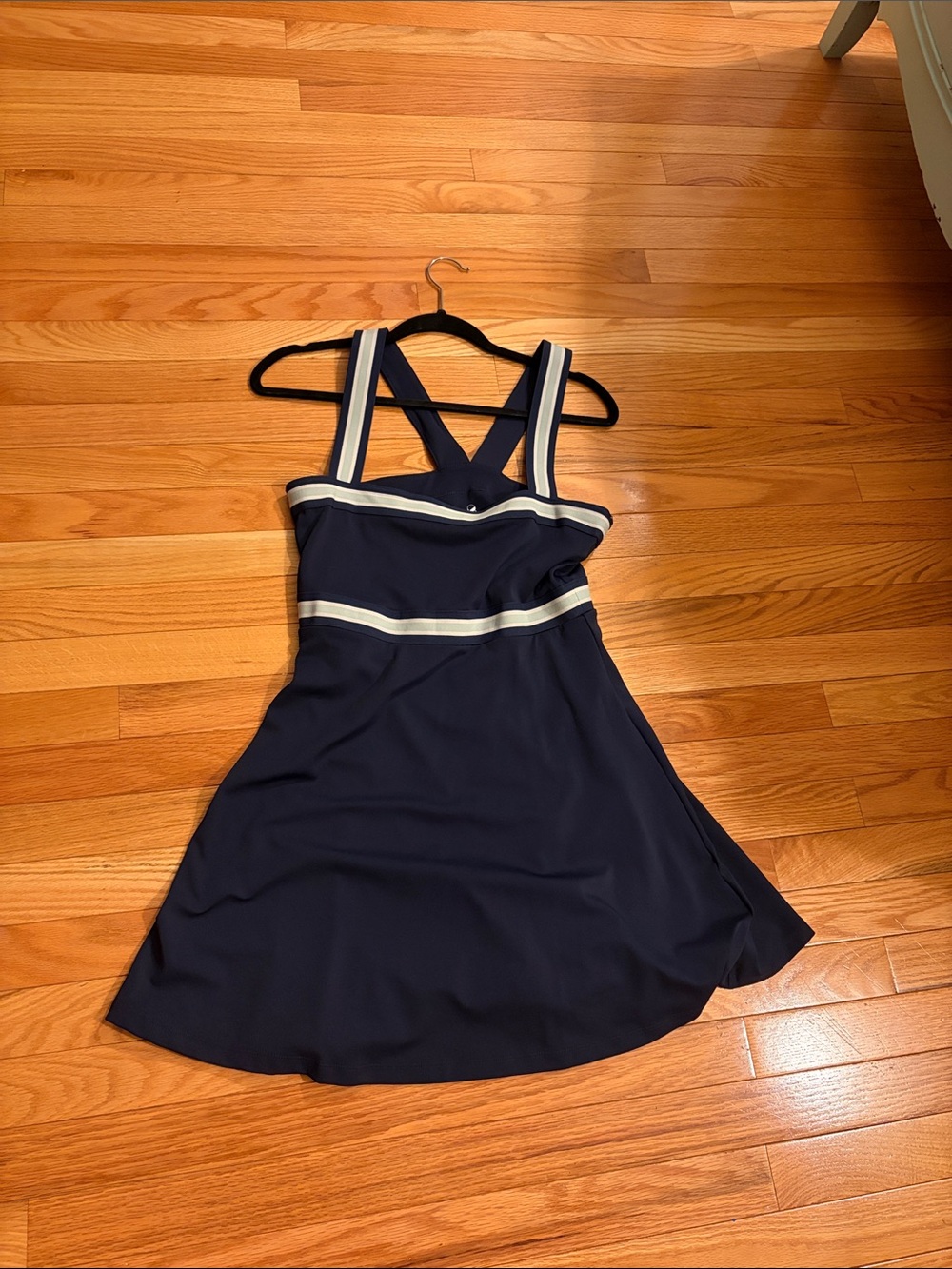 Lou & Grey Navy Blue Striped-Trim A-Line Dress